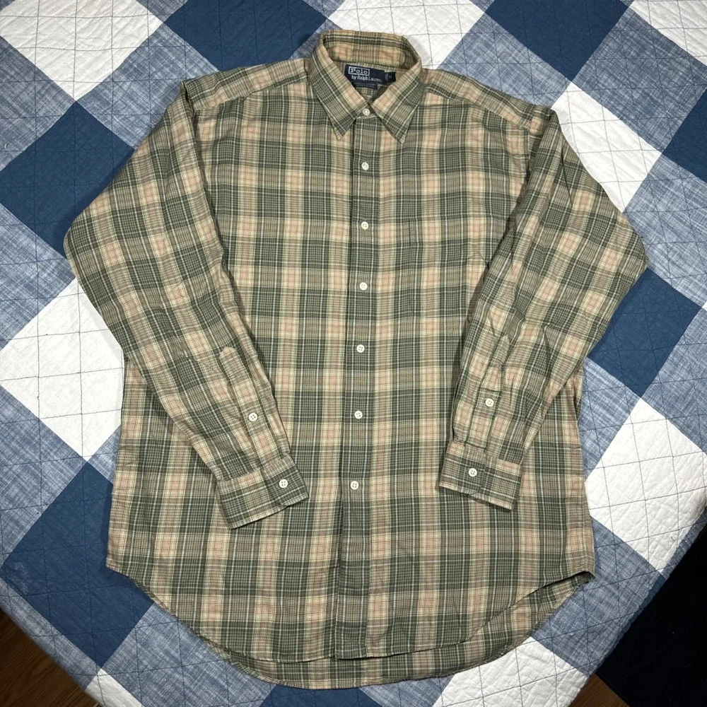 Polo Ralph Lauren Lowell Sport Mens M Green Plaid Cotton Button Up Twill Shirt